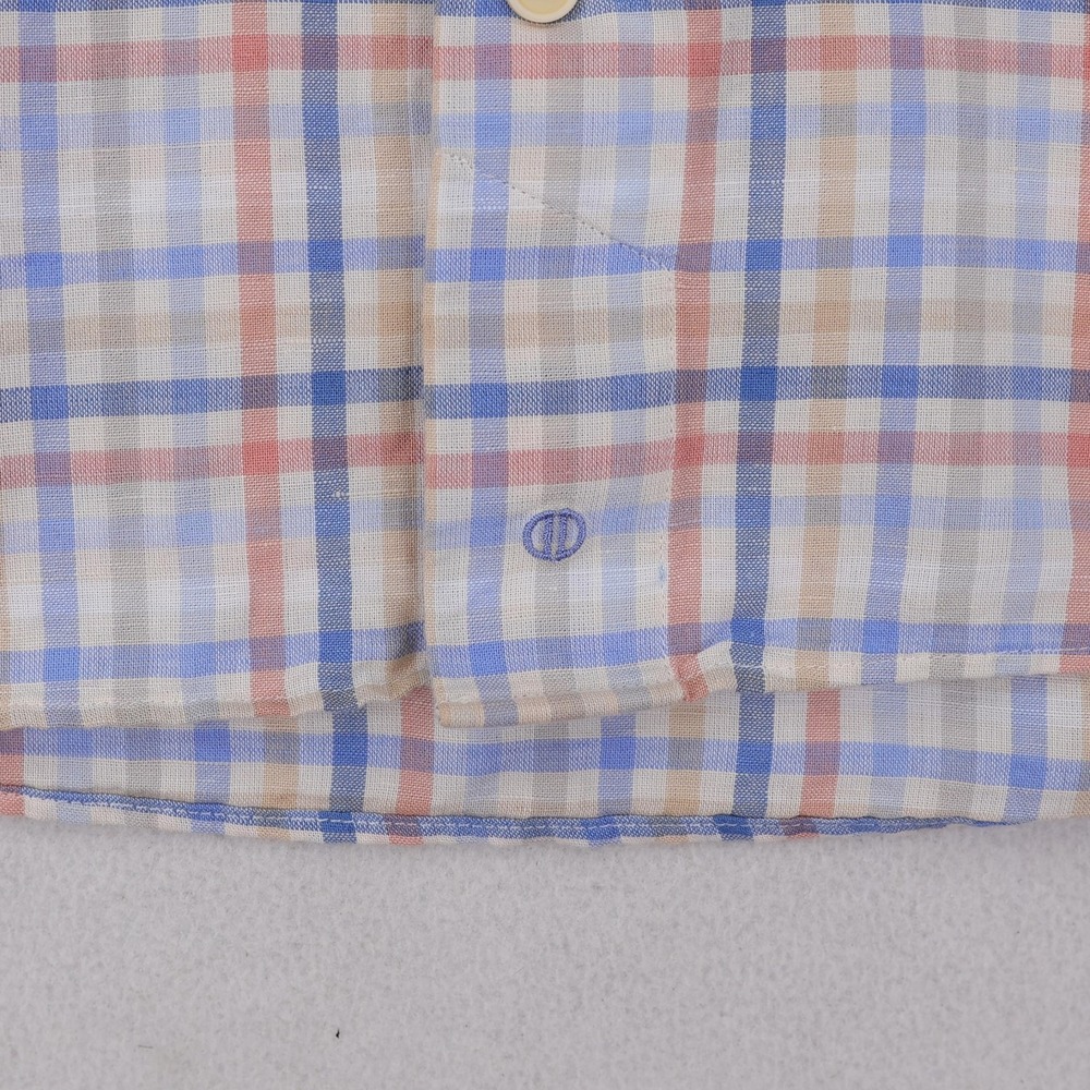 David Donahue Shirt Mens Medium Blue Pink Tan Plaid Short Sleeve Linen Blend - Picture 4 of 12
